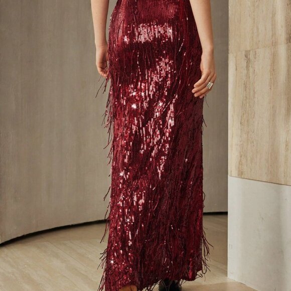 Red Elegant Women's Sequin Fringe Mermaid Evening Skirt - Picture 4 of 7